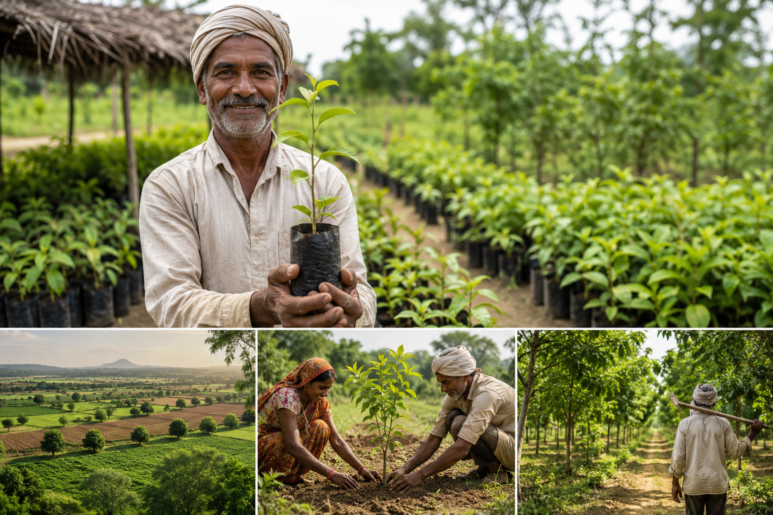 Farmers planting and nurturing trees through sustainable agroforestry.